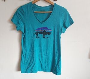 Patagonia Short Sleeve Tee Buffalo Graphic Teal Blue Extra Small XS